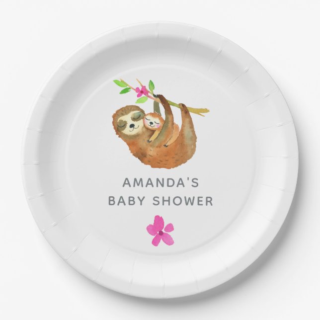 Watercolor Sloth themed Baby Shower Paper Plates (Front)
