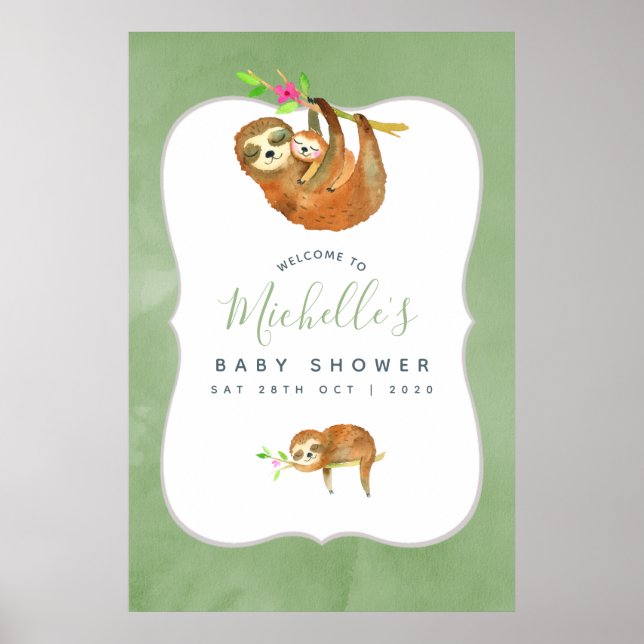 Watercolor Sloth themed Baby Shower Welcome Poster (Front)