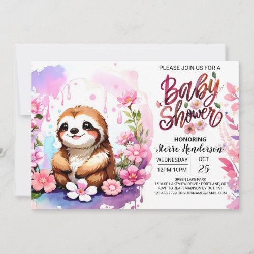 Watercolor Sloth Whimsy Baby Shower Invitation