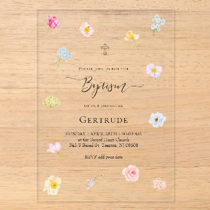 watercolor small flowers Baptism Acrylic Invitations