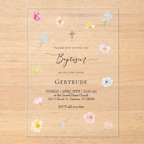 watercolor small flowers Baptism Acrylic Invitations