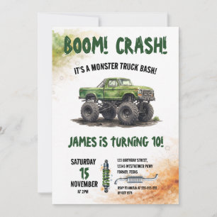 Watercolor Smash & Crash Monster Truck Birthday Invitation