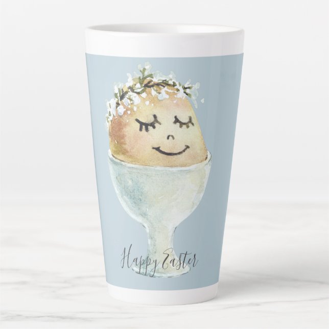 Watercolor Smiling Egg in Cup Easter Latte Mug (Front)