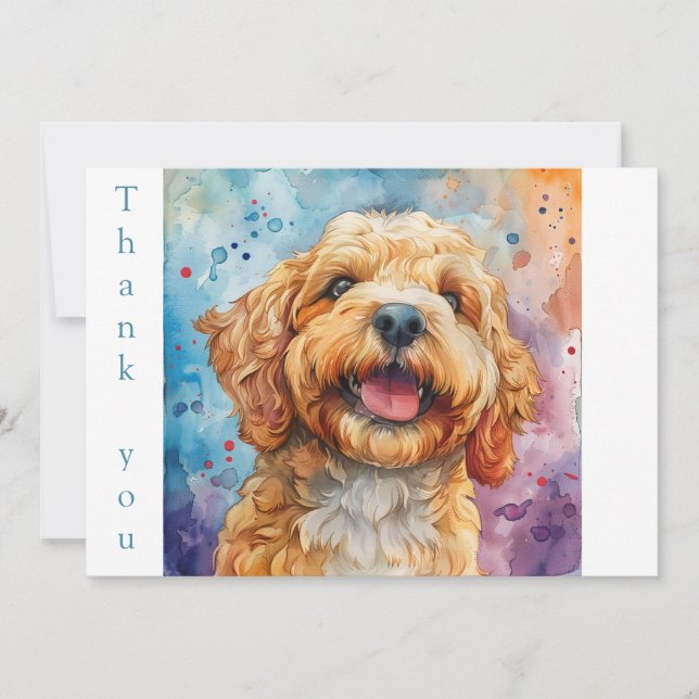 Watercolor Smiling Goldendoodle Thank You Card (Front)