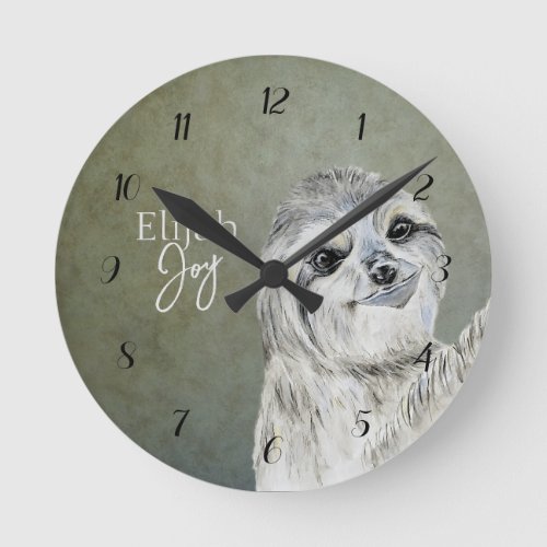 Watercolor Smiling Sloth Kids Personalize Round Clock