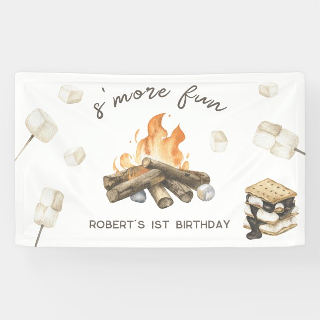 Watercolor S'more Campfire 1st Birthday Banner (Horizontal)
