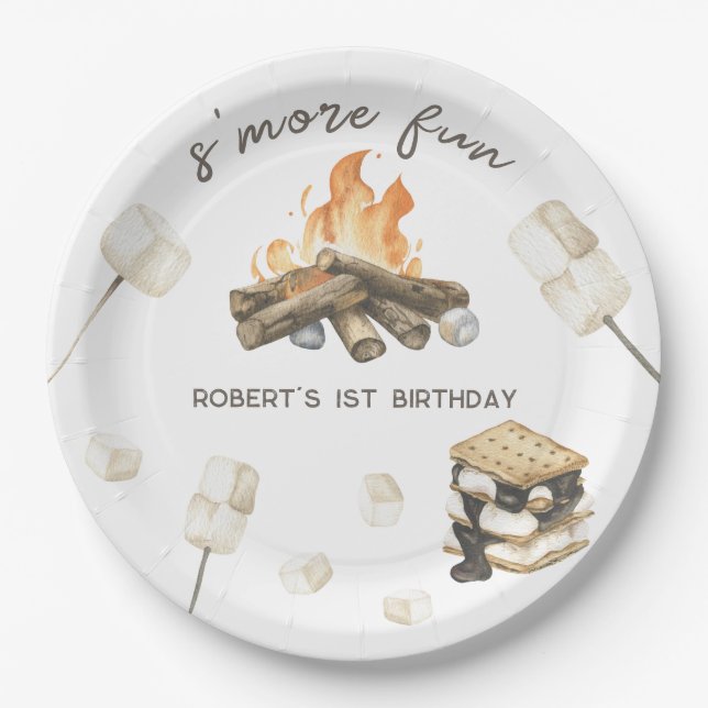 Watercolor S'more Campfire 1st Birthday Paper Plates (Front)