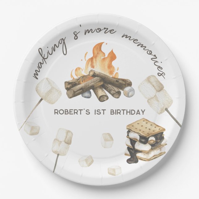 Watercolor S'more Campfire 1st Birthday Paper Plates (Front)