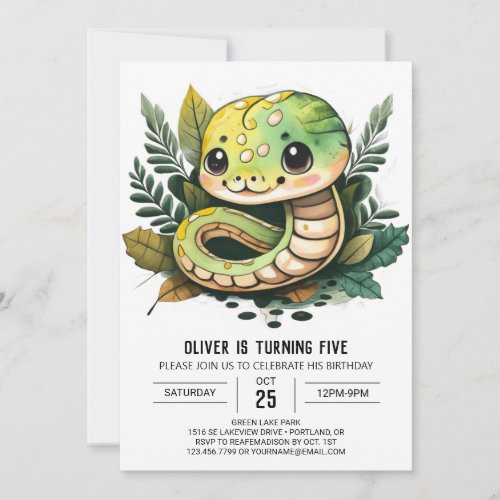 Watercolor Snake Reptile Kids Birthday Invitation
