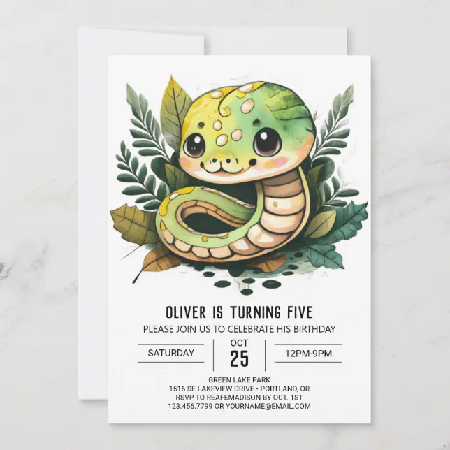 Watercolor Snake Reptile Kids Birthday Invitation | Zazzle