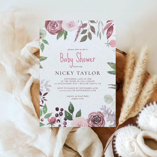 Watercolor Snow Burgundy Fall Flowers Baby Shower Invitation (Creator Uploaded)