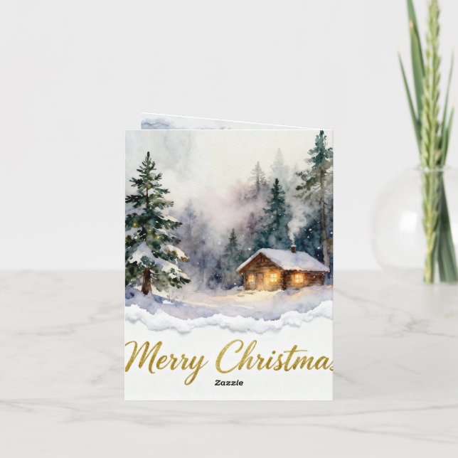 Watercolor Snow Cabin Christmas Card – Cozy Winter (Back)