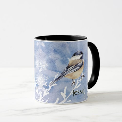 Watercolor Snow Chickadee Garden Bird Custom Name Mug