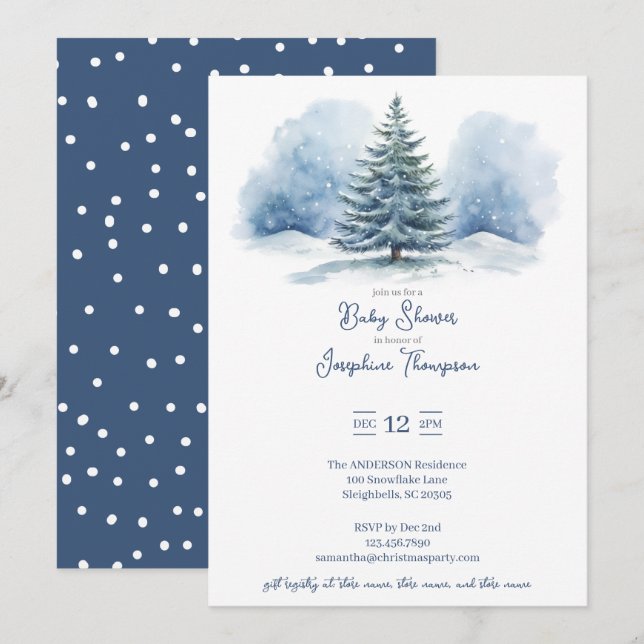 Watercolor Snow Covered Evergreen Baby Shower Invitation (Front/Back)
