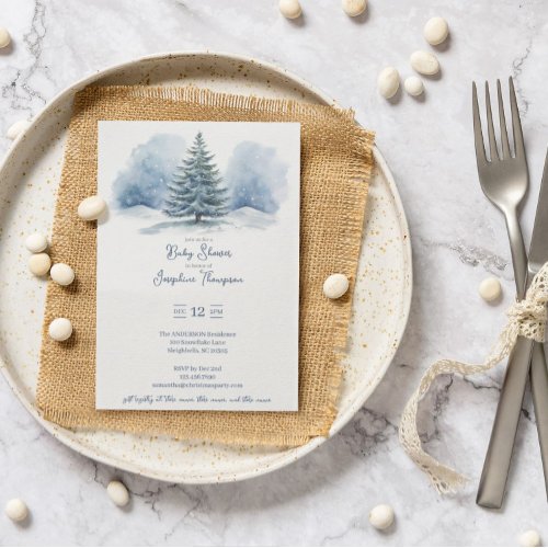 Watercolor Snow Covered Evergreen Baby Shower Invitation
