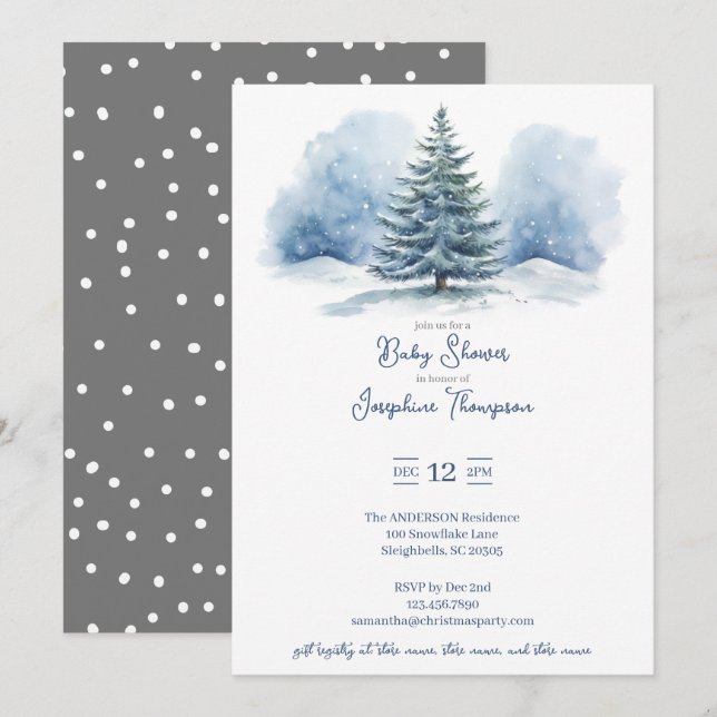 Watercolor Snow Covered Evergreen Baby Shower Invitation (Front/Back)