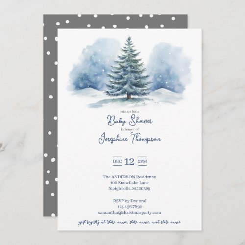 Watercolor Snow Covered Evergreen Baby Shower Invitation