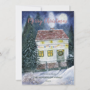 Watercolor Snow Covered Festive Cottage Holiday Card