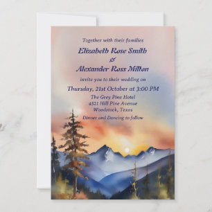Watercolor snow covered mountain wedding invitation
