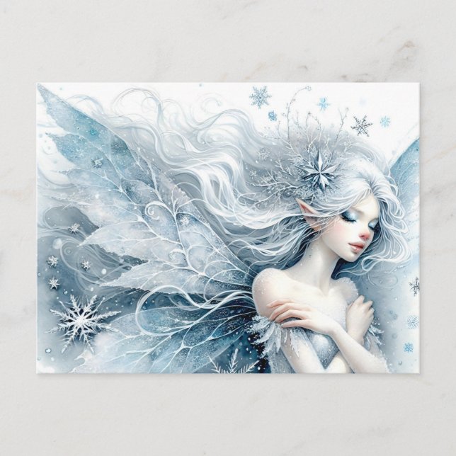 Watercolor Snow Fairy in Snowfall Postcard (Front)