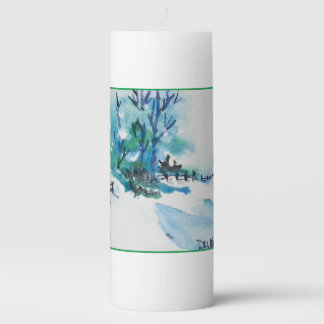 Watercolor Snow Landscape Christmas Pillar Candle