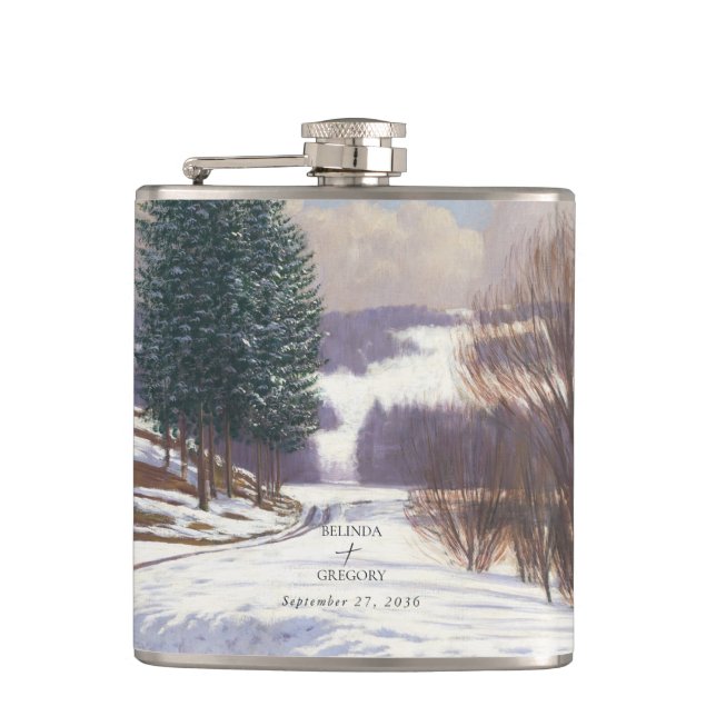 Watercolor Snow Landscape Wedding Flask (Front)