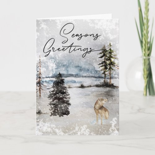 Watercolor Snow Landscape Wolf Seasons Greetings Card
