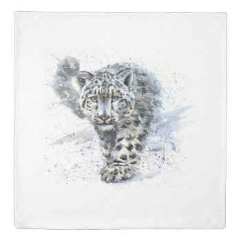 Watercolor Snow Leopard (1 Side) Queen Duvet Cover by FantasyPillows at Zazzle