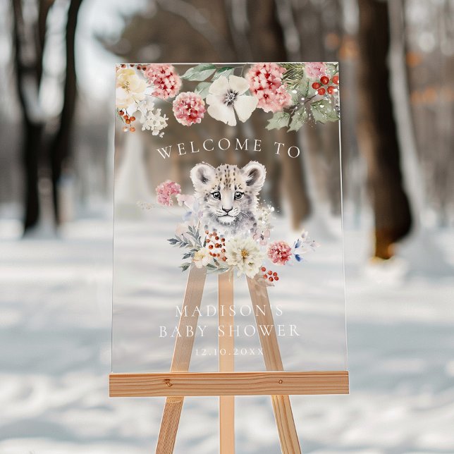 Watercolor Snow Leopard Baby Shower Welcome Acrylic Sign (Creator Uploaded)