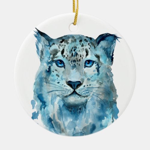 Watercolor Snow Leopard Ceramic Ornament