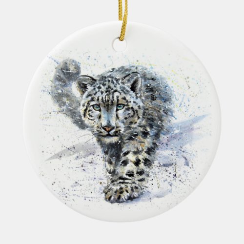Watercolor Snow Leopard Ceramic Round Ornament