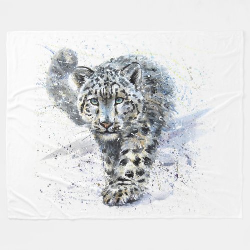 Watercolor Snow Leopard Large Fleece Blanket