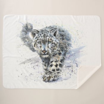 Watercolor Snow Leopard Large Sherpa Blanket by FantasyBlankets at Zazzle