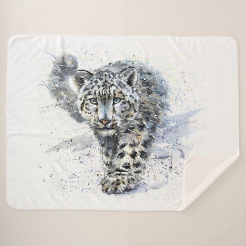 Watercolor Snow Leopard Large Sherpa Blanket