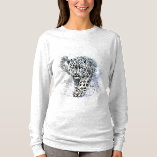 Watercolor Snow Leopard Long Sleeve T_Shirt