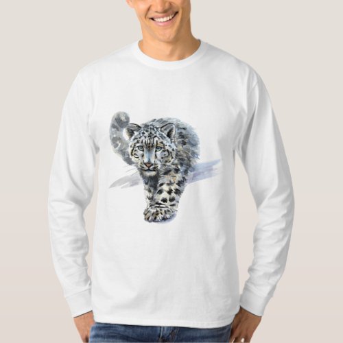 Watercolor Snow Leopard Long Sleeve T_Shirt