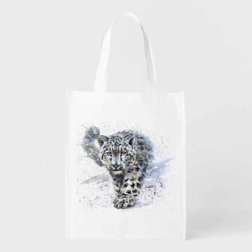 Watercolor Snow Leopard Reusable Grocery Bag
