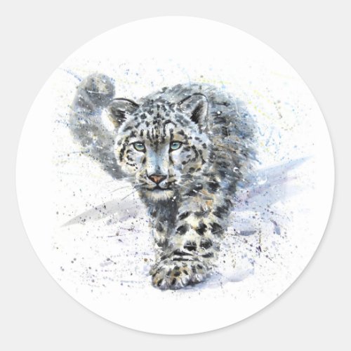 Watercolor Snow Leopard Round Stickers