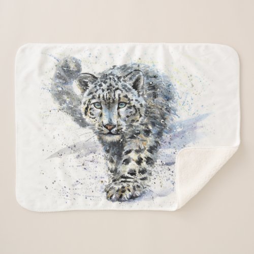 Watercolor Snow Leopard Small Sherpa Blanket