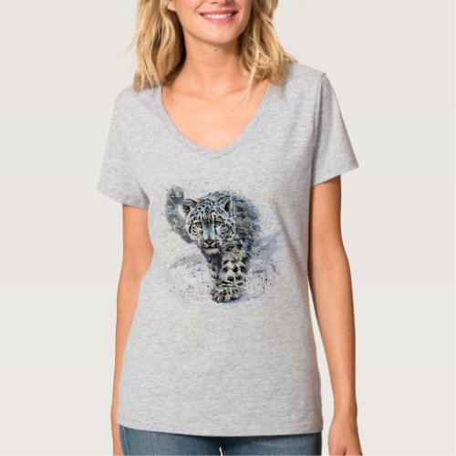 Watercolor Snow Leopard V_Neck T_Shirt