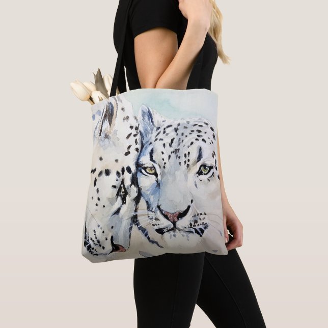 Watercolor Snow Leopards Endangered Species Tote Bag (Close Up)