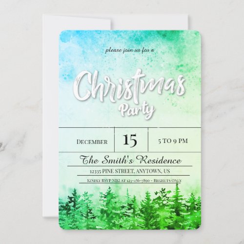 Watercolor Snow Pine Forest Christmas Invitation