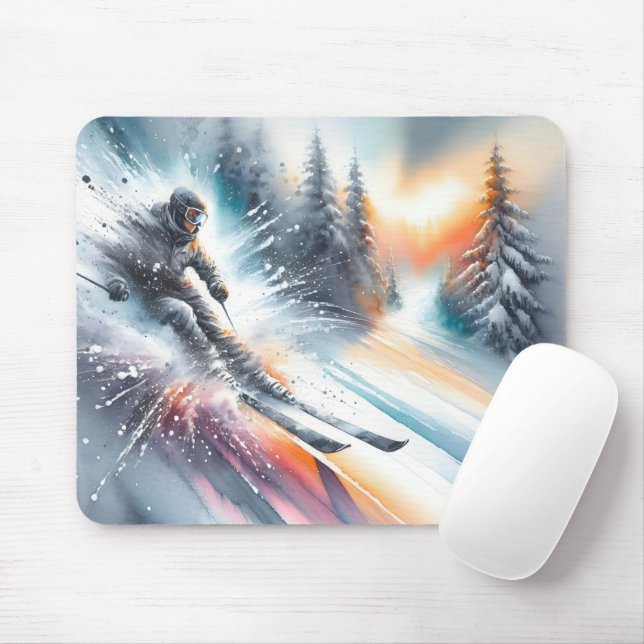 Watercolor Snow Skier Mouse Pad (With Mouse)