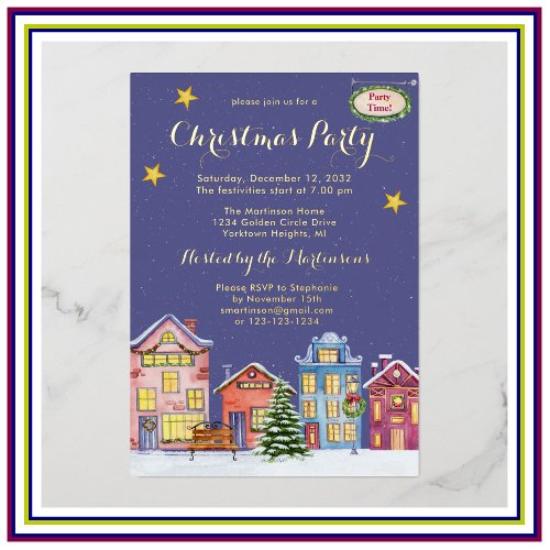 Watercolor Snow Village Christmas Party  Foil Invitation