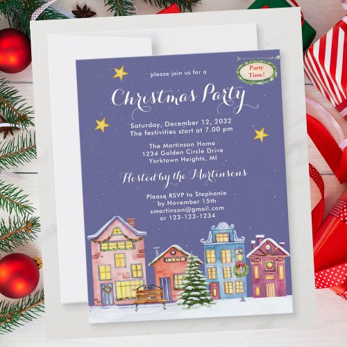 Watercolor Snow Village Christmas Party Invitation