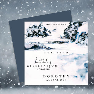 Watercolor Snow Winter Mountains Elegant Birthday Invitation
