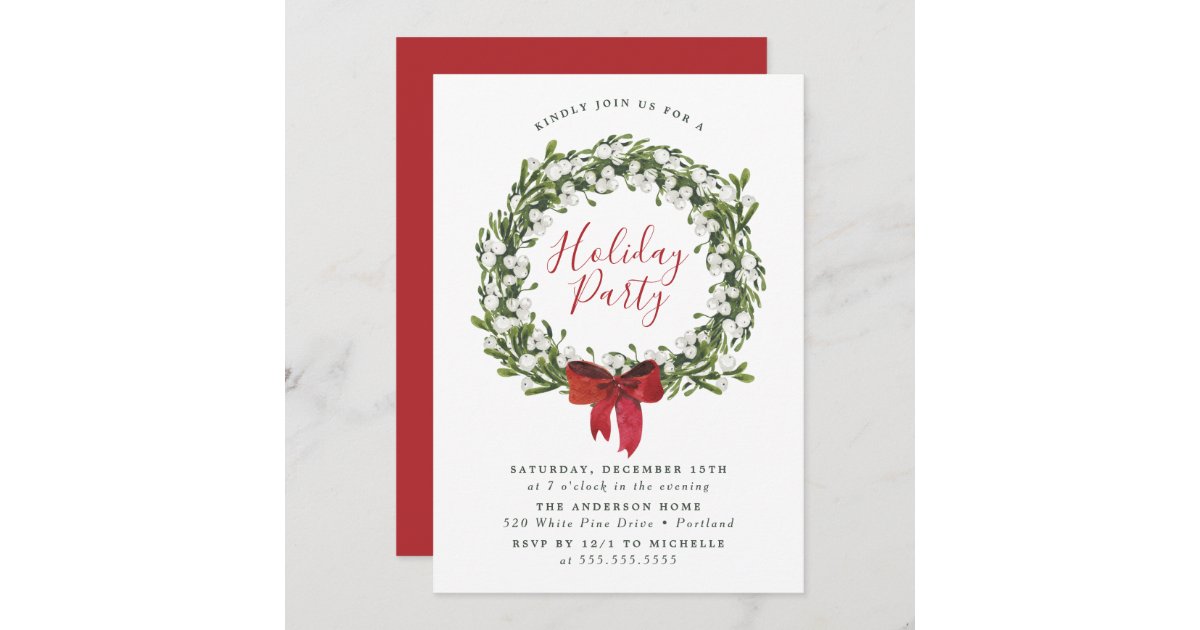 Watercolor Snowberry Greenery Wreath Holiday Invitation | Zazzle