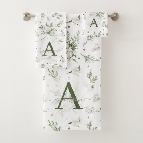 Watercolor Snowberry White Cedar Branch Christmas Bath Towel Set