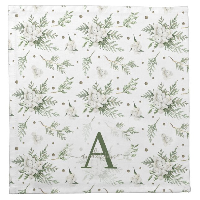 Watercolor Snowberry White Cedar Branch Christmas Cloth Napkin (Front)