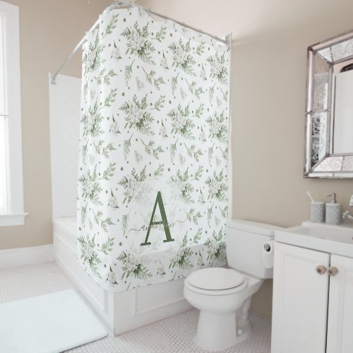 Watercolor Snowberry White Cedar Branch Christmas Shower Curtain